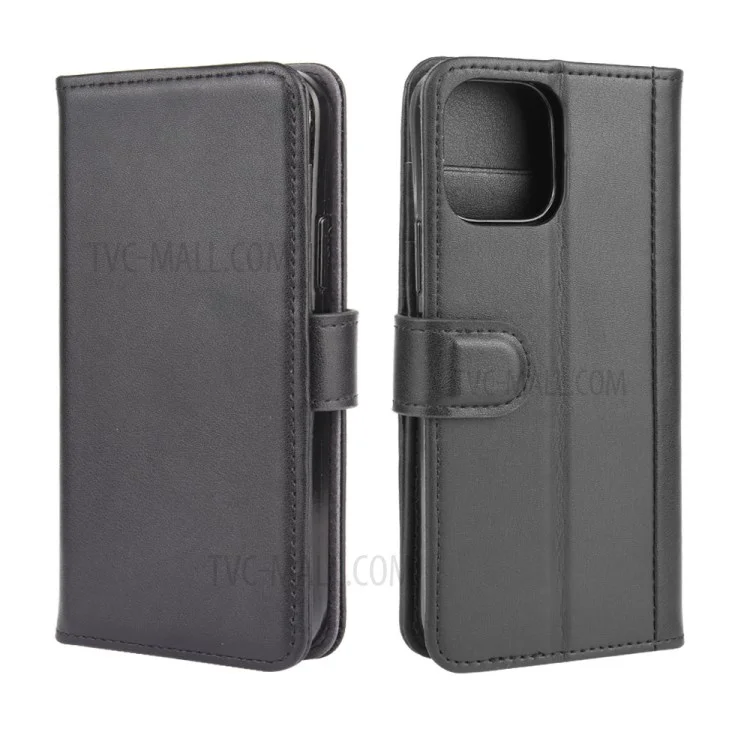 For iPhone 12 Pro Max Phone Cases Genuine Split Leather Wallet Mobile Cover Stand - Black-Cellmalls