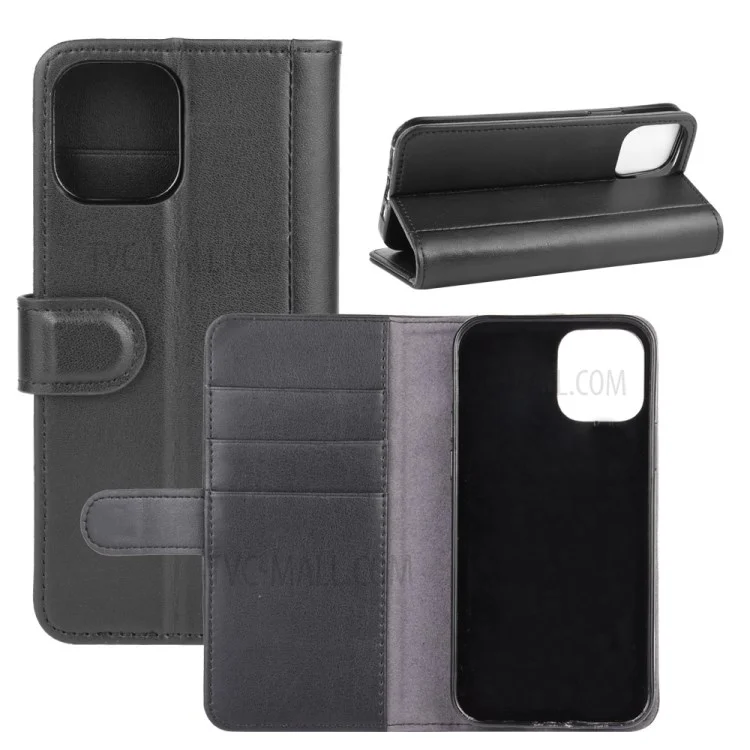 For iPhone 12 mini Phone Cases Genuine Split Leather Wallet Mobile Cover Stand - Black-Cellmalls