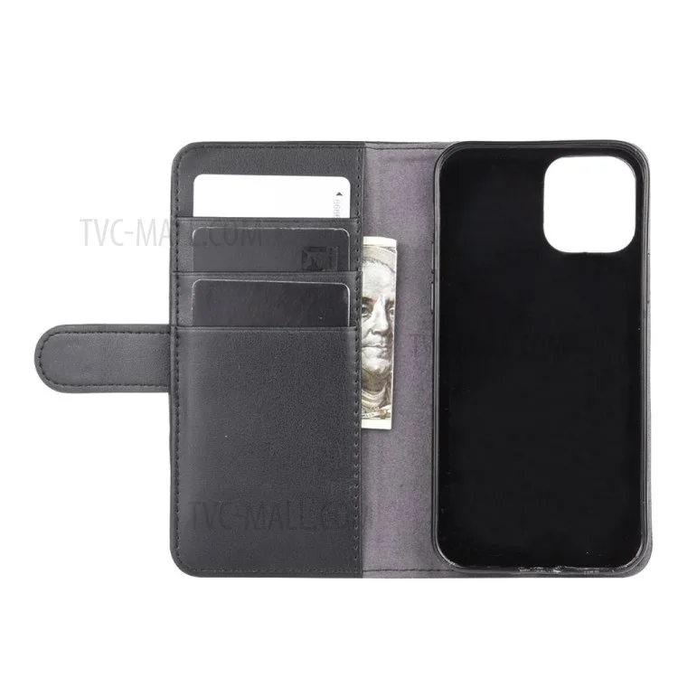For iPhone 12 mini Phone Cases Genuine Split Leather Wallet Mobile Cover Stand - Black-Cellmalls