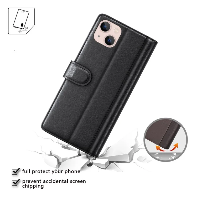 For iPhone 14 Case Genuine Split Leather Phone Cover with Wallet Stand - Brown-Cellmalls