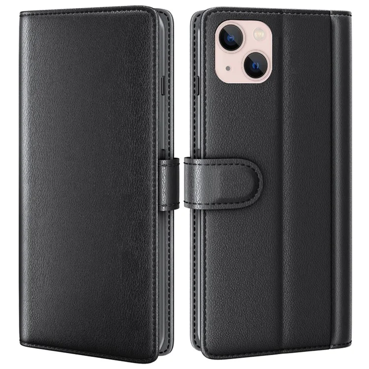 For iPhone 14 Case Genuine Split Leather Phone Cover with Wallet Stand - Brown-Cellmalls
