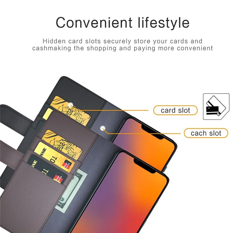 For iPhone 14 Plus Case Genuine Split Leather Phone Cover with Wallet Stand - Black-Cellmalls