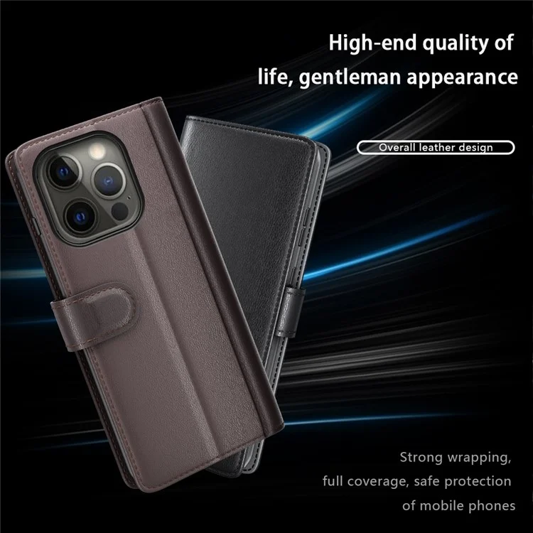 Genuine Leather Magnetic Clasp Stand Wallet Phone Case Shell for iPhone 13 Pro 6.1 inch - Black-Cellmalls