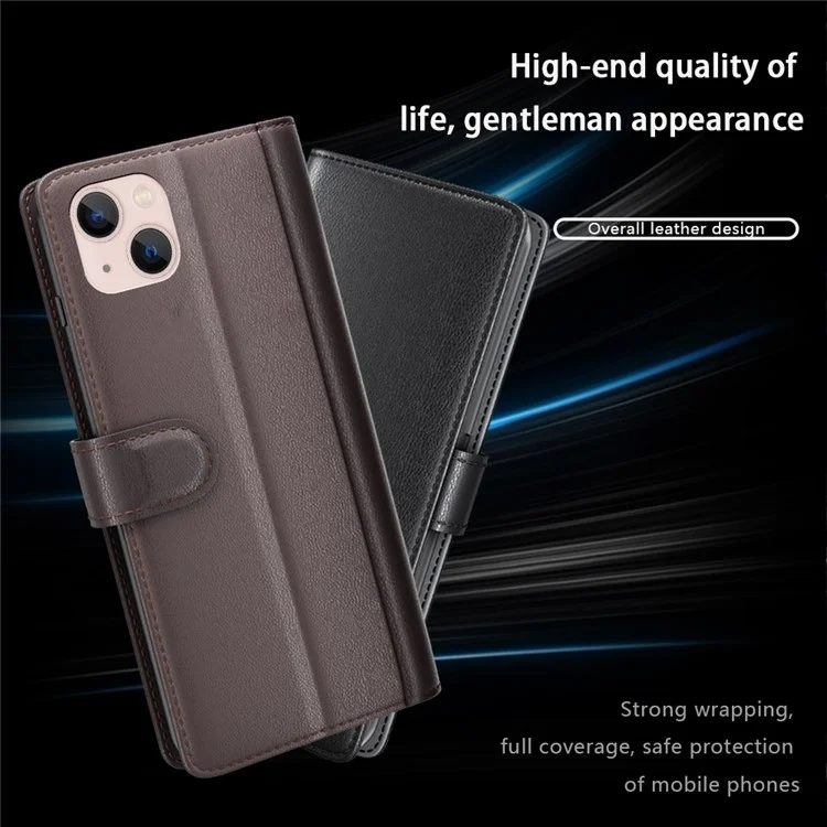 For iPhone 14 Plus Case Genuine Split Leather Phone Cover with Wallet Stand - Black-Cellmalls