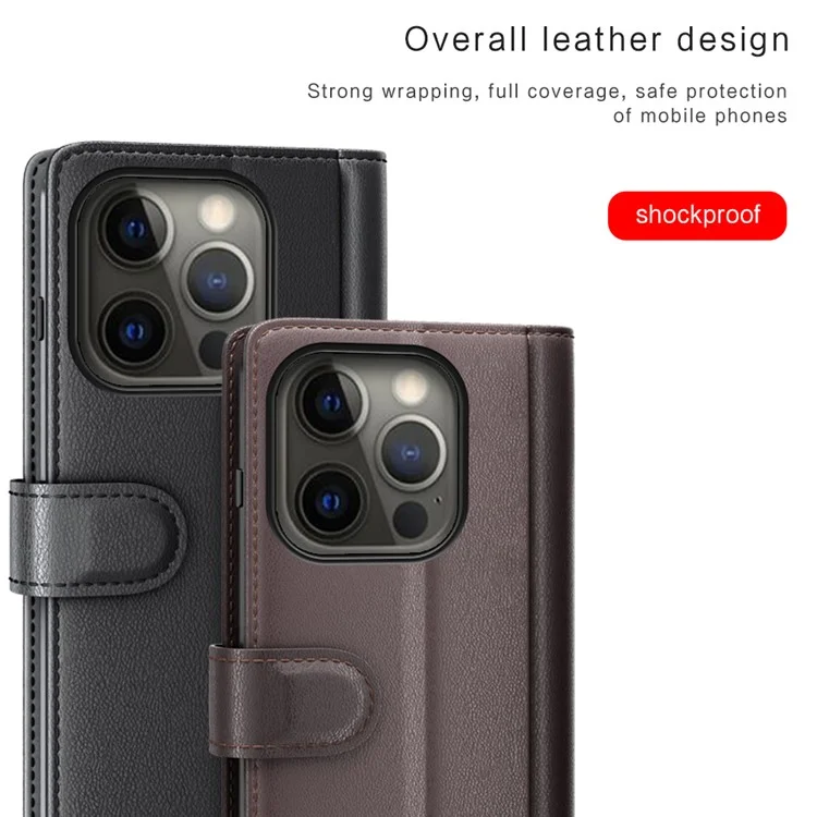 Genuine Leather Magnetic Clasp Stand Wallet Phone Case Shell for iPhone 13 Pro 6.1 inch - Black-Cellmalls