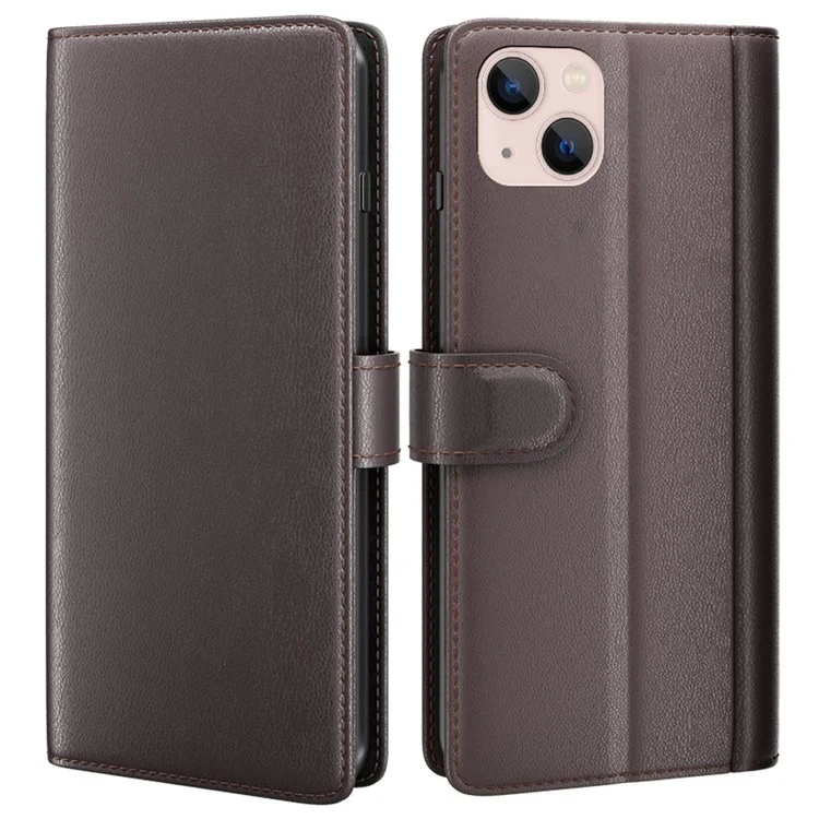 For iPhone 14 Case Genuine Split Leather Phone Cover with Wallet Stand - Brown-Cellmalls