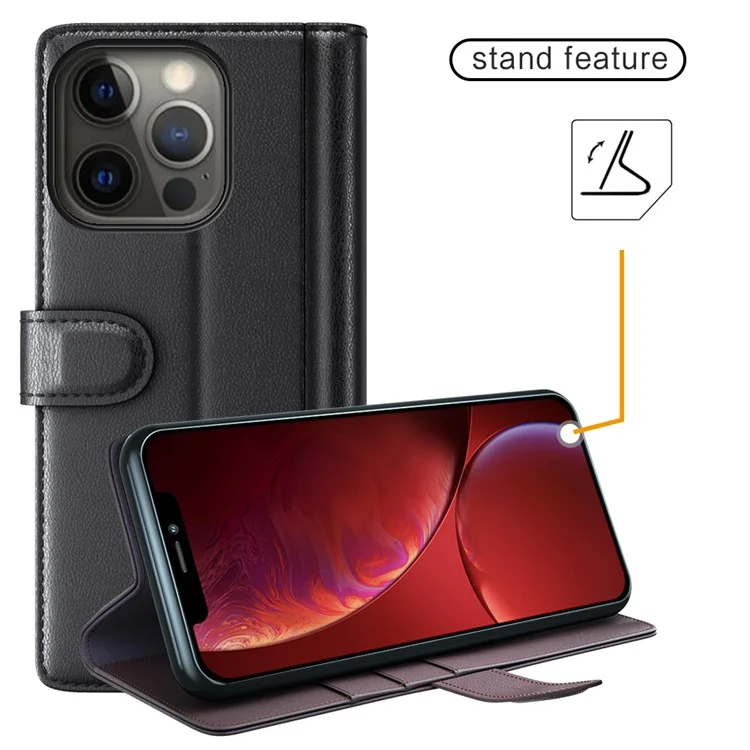 Genuine Leather Magnetic Clasp Stand Wallet Phone Case Shell for iPhone 13 Pro 6.1 inch - Black-Cellmalls