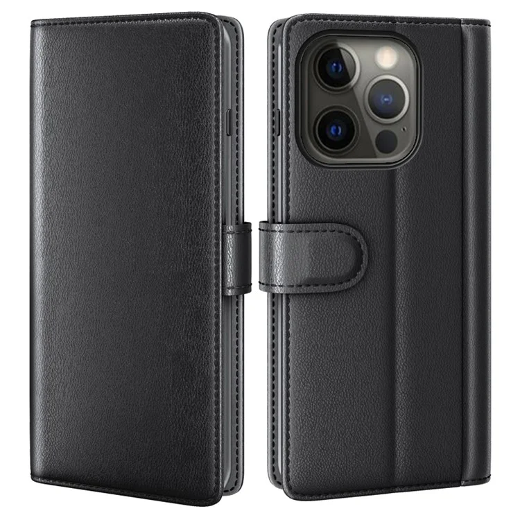 Genuine Leather Magnetic Clasp Stand Wallet Phone Case Shell for iPhone 13 Pro 6.1 inch - Black-Cellmalls