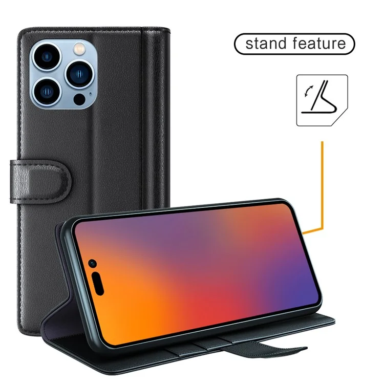 For iPhone 14 Pro Case Genuine Split Leather Phone Cover with Wallet Stand - Brown-Cellmalls