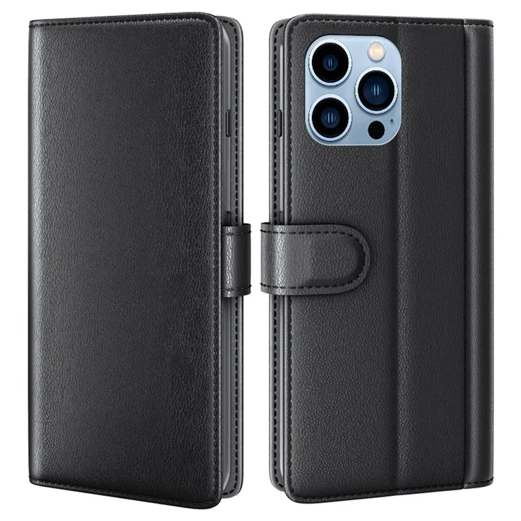 For iPhone 14 Pro Case Genuine Split Leather Phone Cover with Wallet Stand - Brown-Cellmalls