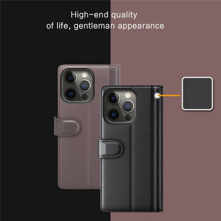 Genuine Leather Magnetic Clasp Stand Wallet Phone Case Shell for iPhone 13 Pro 6.1 inch - Black-Cellmalls