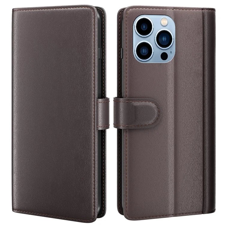 For iPhone 14 Pro Case Genuine Split Leather Phone Cover with Wallet Stand - Brown-Cellmalls