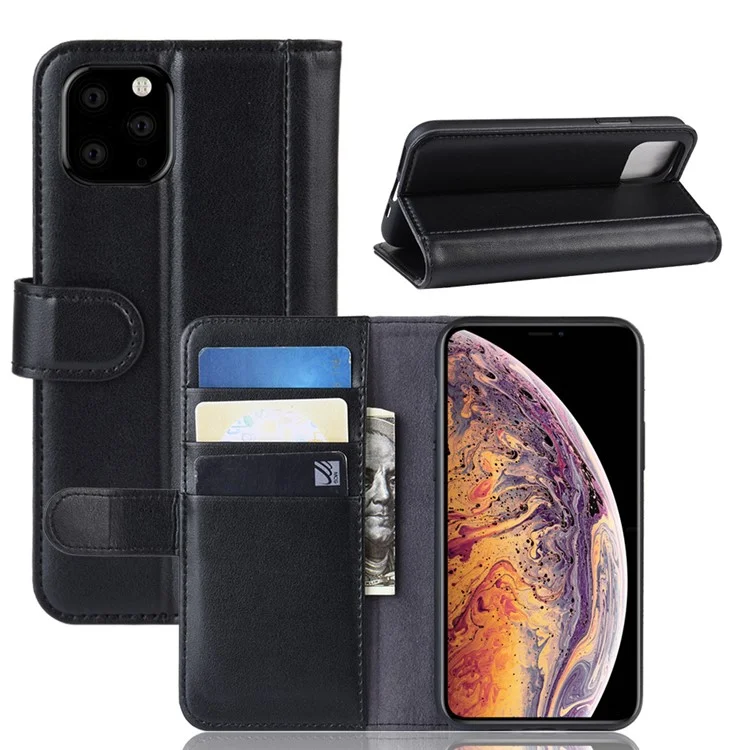 For iPhone 11 Pro Max Phone Cases Genuine Split Leather Wallet Mobile Cover Stand - Black-Cellmalls