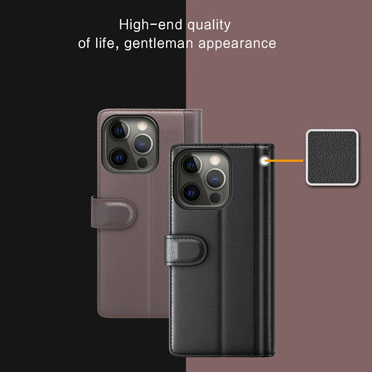 Genuine Leather Wallet Design Phone Stand Shell Case for iPhone 13 Pro Max 6.7 inch - Black-Cellmalls