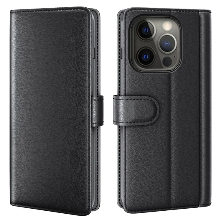 Genuine Leather Wallet Design Phone Stand Shell Case for iPhone 13 Pro Max 6.7 inch - Black-Cellmalls