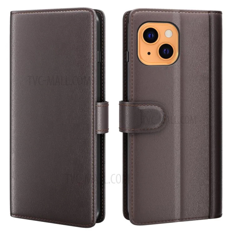 Genuine Leather Stand Wallet Phone Case for iPhone 13 mini 5.4 inch Mobile Phone Accessories - Black-Cellmalls