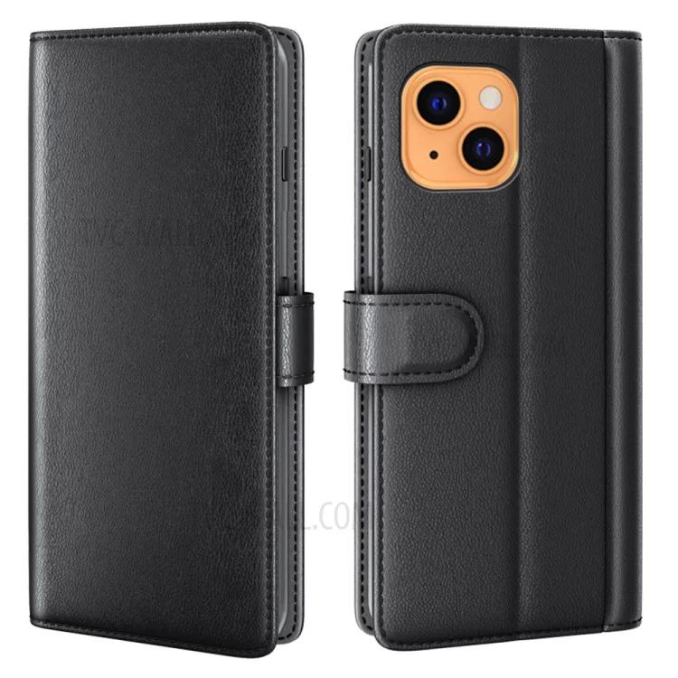 Genuine Leather Stand Wallet Phone Case for iPhone 13 mini 5.4 inch Mobile Phone Accessories - Black-Cellmalls