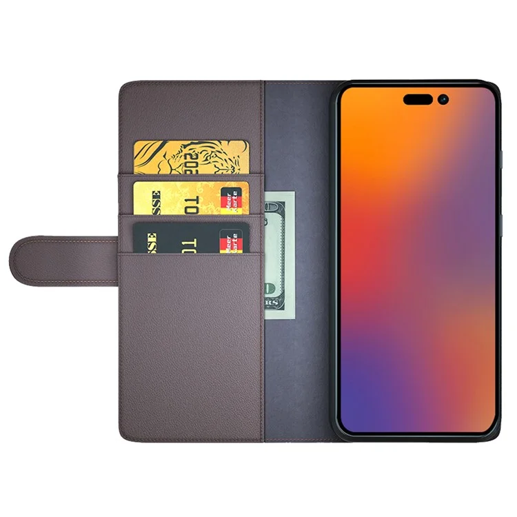 For iPhone 14 Pro Max Case Genuine Split Leather Phone Cover with Wallet Stand - Brown-Cellmalls