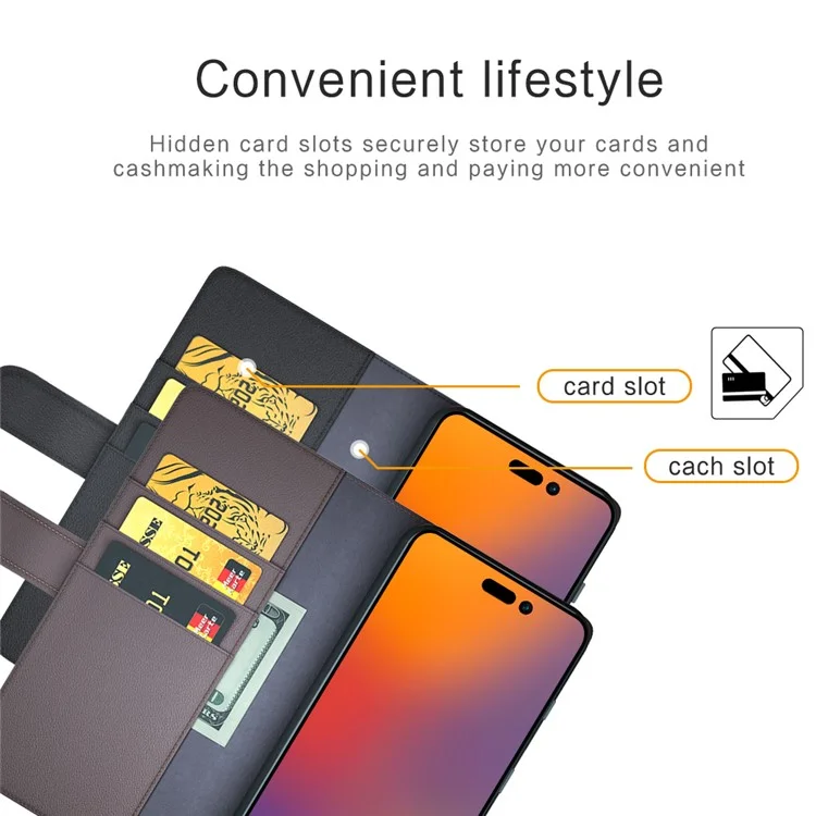 For iPhone 14 Pro Max Case Genuine Split Leather Phone Cover with Wallet Stand - Brown-Cellmalls