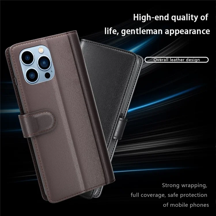 For iPhone 14 Pro Max Case Genuine Split Leather Phone Cover with Wallet Stand - Brown-Cellmalls