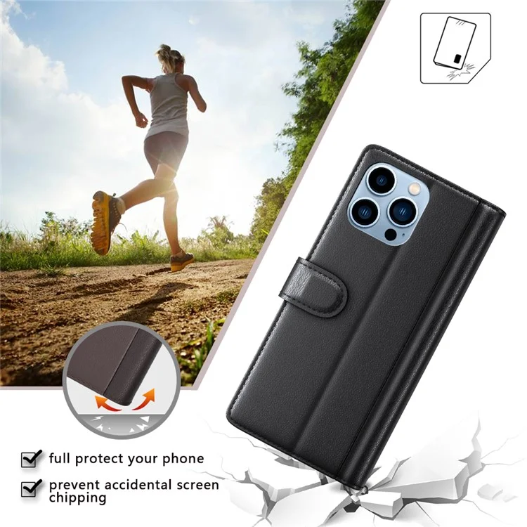 For iPhone 14 Pro Max Case Genuine Split Leather Phone Cover with Wallet Stand - Brown-Cellmalls