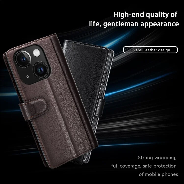 For iPhone 15 Case Genuine Split Leather Phone Cover with Wallet Stand - Brown-Cellmalls