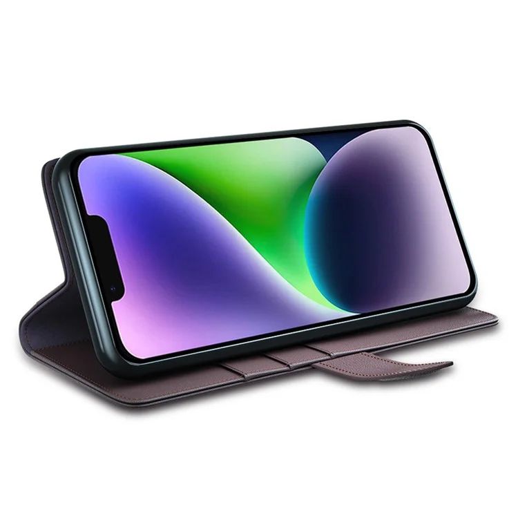 For iPhone 15 Case Genuine Split Leather Phone Cover with Wallet Stand - Brown-Cellmalls