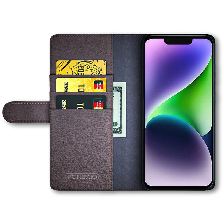 For iPhone 15 Plus Case Genuine Split Leather Phone Cover with Wallet Stand - Brown-Cellmalls