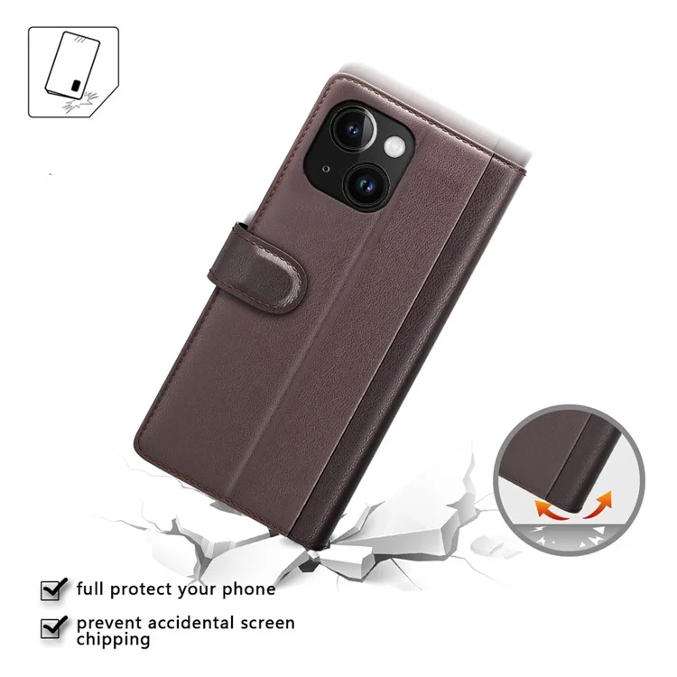For iPhone 15 Plus Case Genuine Split Leather Phone Cover with Wallet Stand - Brown-Cellmalls