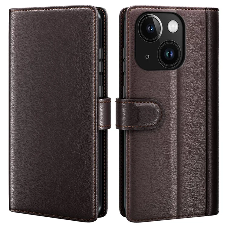 For iPhone 15 Case Genuine Split Leather Phone Cover with Wallet Stand - Brown-Cellmalls