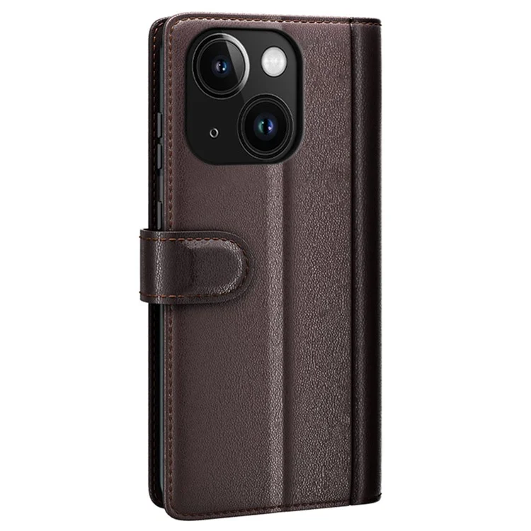 For iPhone 15 Plus Case Genuine Split Leather Phone Cover with Wallet Stand - Brown-Cellmalls