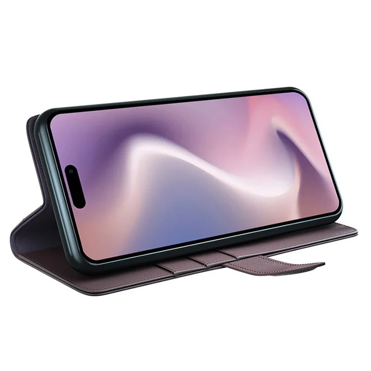 For iPhone 16 Case Genuine Split Leather Phone Cover with Wallet Stand - Brown-Cellmalls