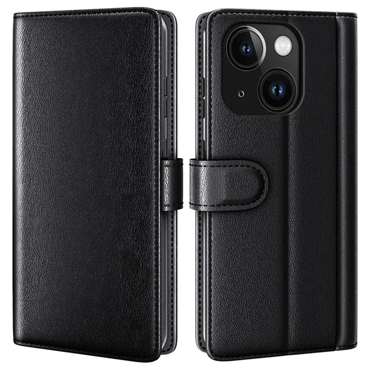 For iPhone 15 Plus Case Genuine Split Leather Phone Cover with Wallet Stand - Brown-Cellmalls