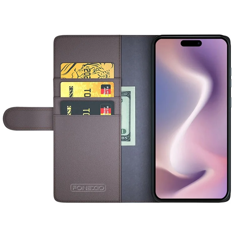 For iPhone 16 Case Genuine Split Leather Phone Cover with Wallet Stand - Brown-Cellmalls