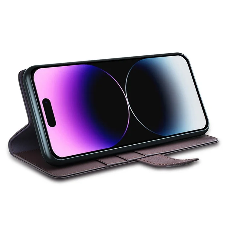 For iPhone 15 Pro Case Genuine Split Leather Phone Cover with Wallet Stand - Brown-Cellmalls