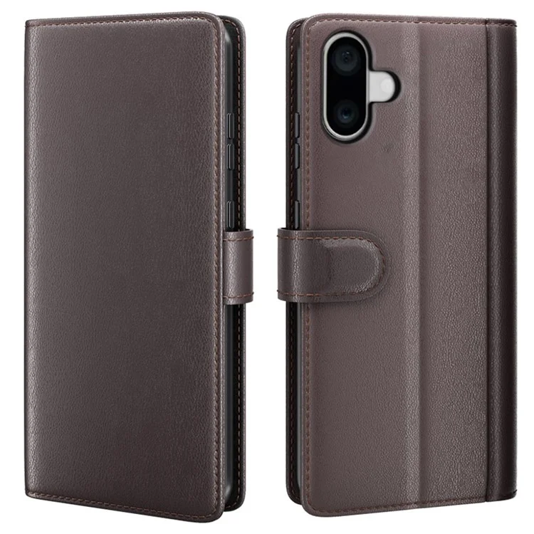 For iPhone 16 Case Genuine Split Leather Phone Cover with Wallet Stand - Brown-Cellmalls
