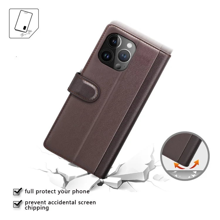 For iPhone 15 Pro Case Genuine Split Leather Phone Cover with Wallet Stand - Brown-Cellmalls