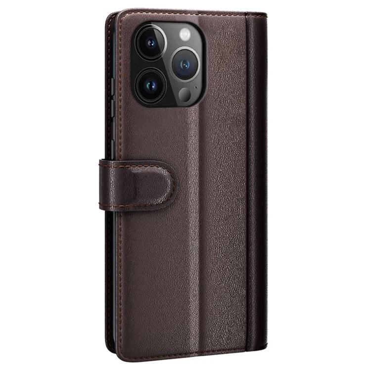 For iPhone 15 Pro Case Genuine Split Leather Phone Cover with Wallet Stand - Brown-Cellmalls