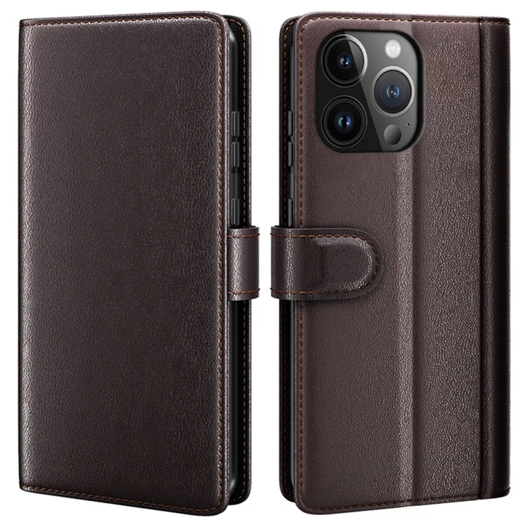 For iPhone 15 Pro Case Genuine Split Leather Phone Cover with Wallet Stand - Brown-Cellmalls