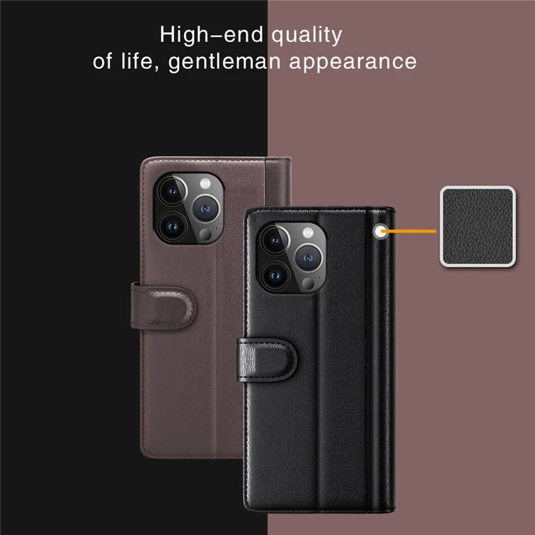 For iPhone 15 Pro Case Genuine Split Leather Phone Cover with Wallet Stand - Brown-Cellmalls