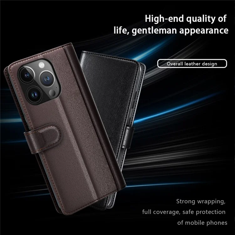 For iPhone 15 Pro Case Genuine Split Leather Phone Cover with Wallet Stand - Brown-Cellmalls