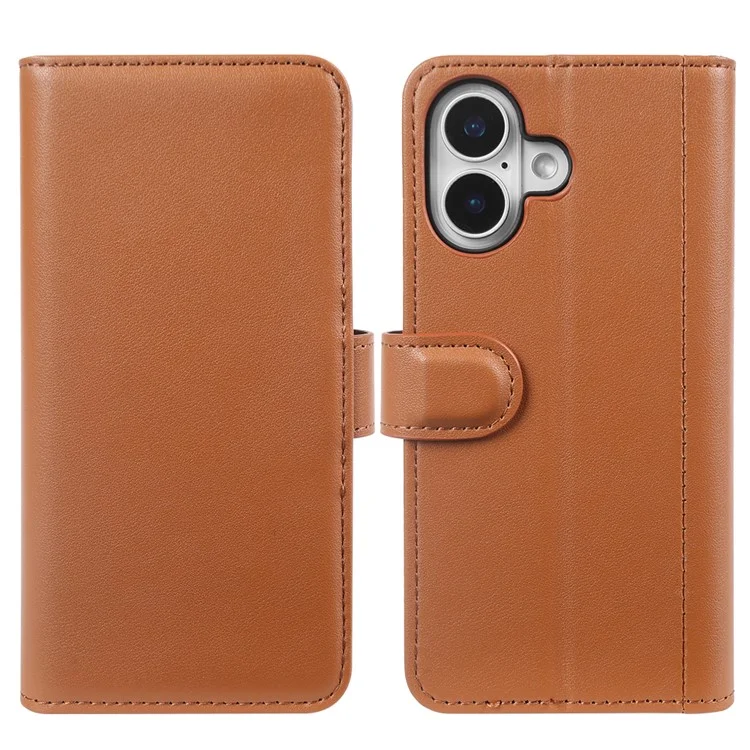 For iPhone 16 Case Genuine Split Leather Phone Cover with Wallet Stand - Brown-Cellmalls