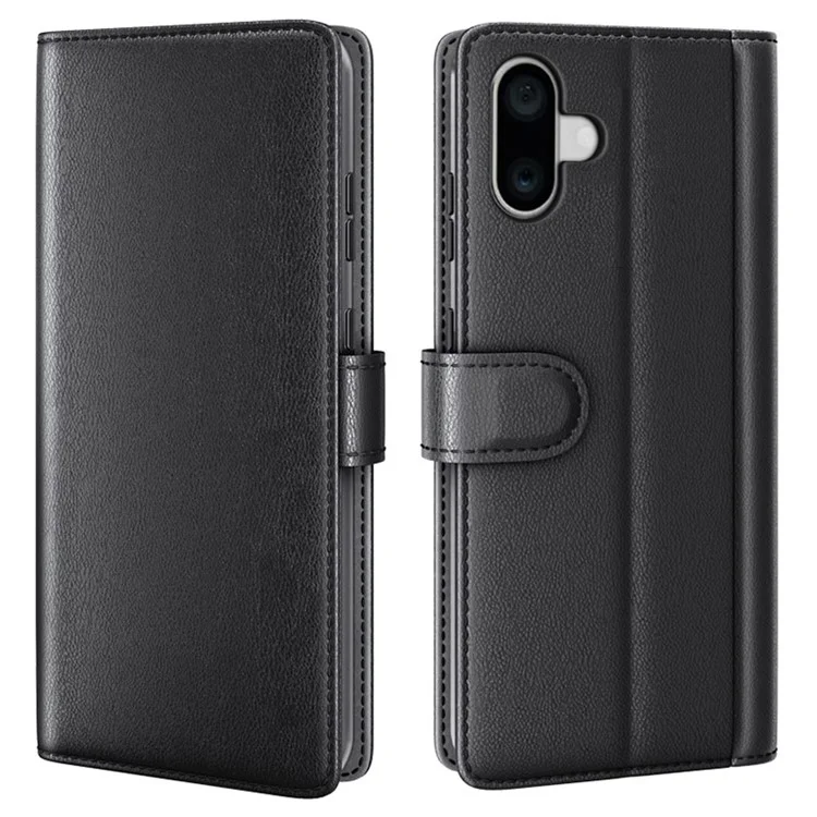 For iPhone 16 Plus Case Genuine Split Leather Phone Cover with Wallet Stand - Black-Cellmalls