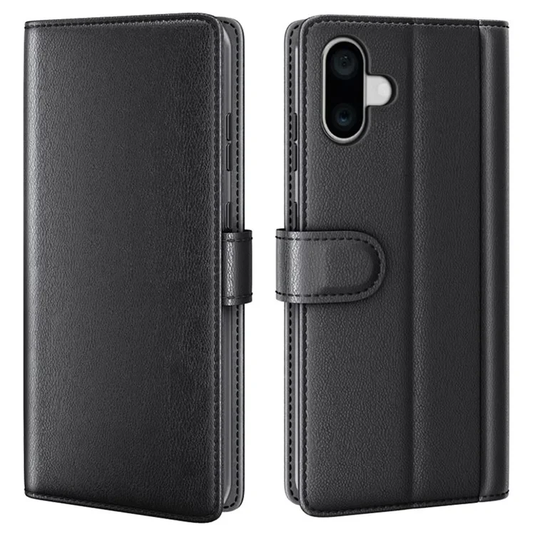 For iPhone 16 Plus Case Genuine Split Leather Phone Cover with Wallet Stand - Black-Cellmalls