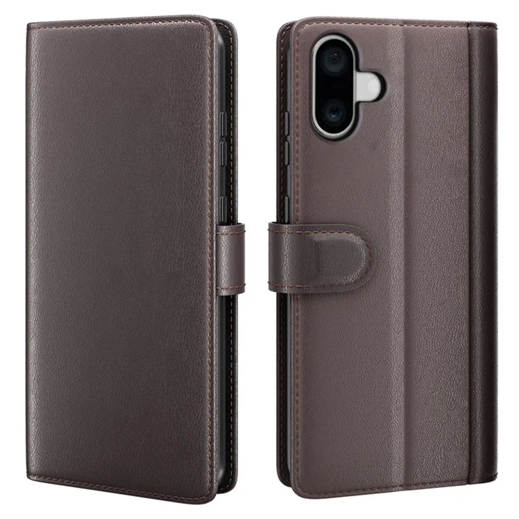 For iPhone 16 Plus Case Genuine Split Leather Phone Cover with Wallet Stand - Black-Cellmalls
