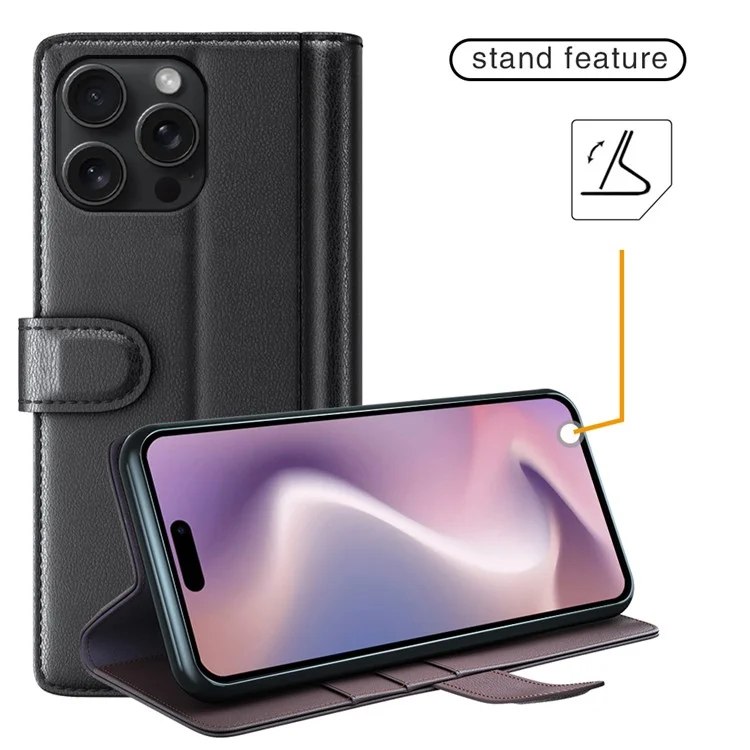 For iPhone 16 Pro Case Genuine Split Leather Phone Cover with Wallet Stand - Black-Cellmalls