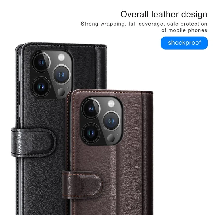 For iPhone 15 Pro Max Case Genuine Split Leather Phone Cover with Wallet Stand - Brown-Cellmalls