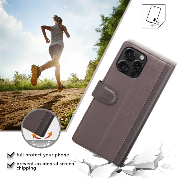 For iPhone 16 Pro Case Genuine Split Leather Phone Cover with Wallet Stand - Black-Cellmalls