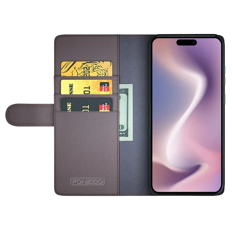 For iPhone 16 Pro Max Case Genuine Split Leather Phone Cover with Wallet Stand - Brown-Cellmalls