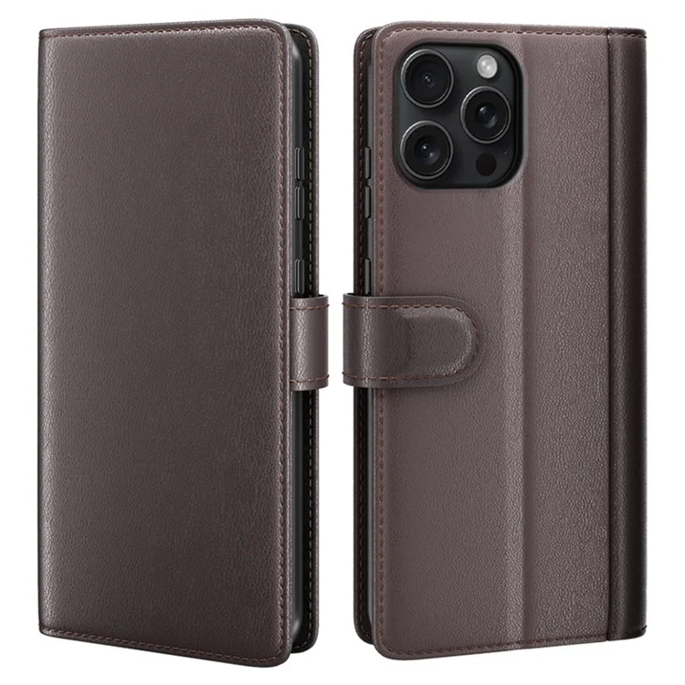 For iPhone 16 Pro Case Genuine Split Leather Phone Cover with Wallet Stand - Black-Cellmalls